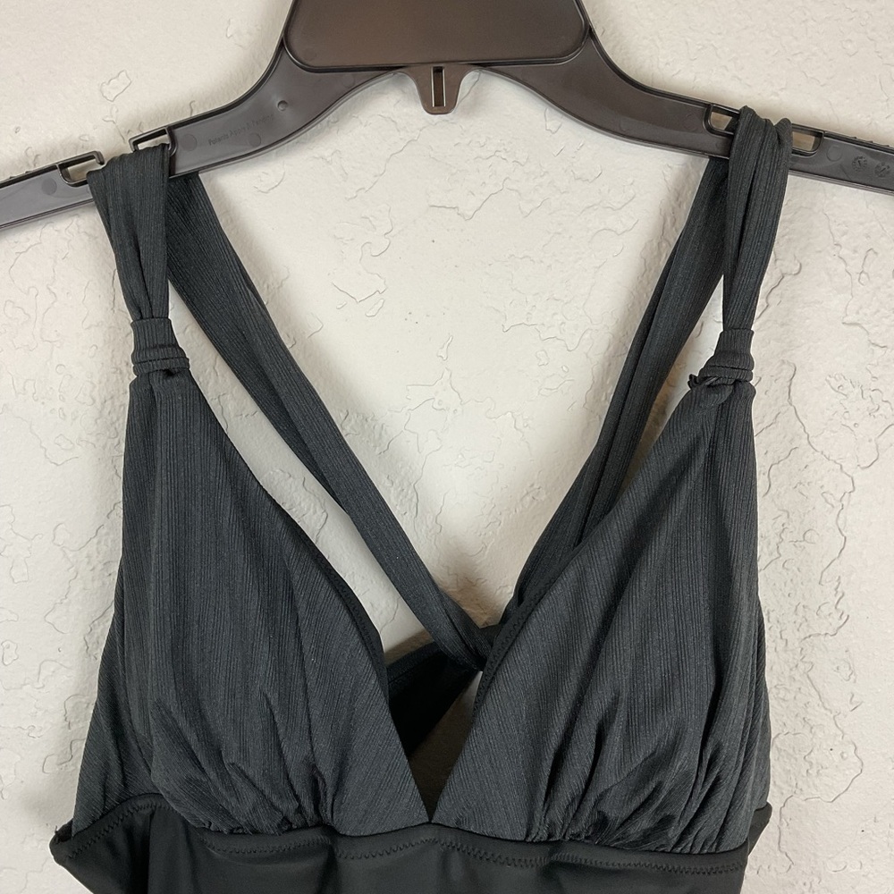 Women’s Black V Neck Criss Cross Backless Rib One Piece Swimsuit Plunge Size XL - Picture 7 of 11